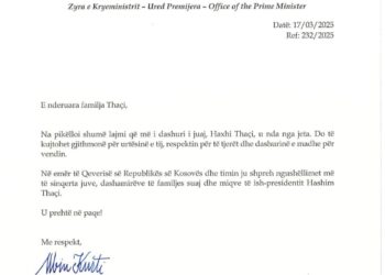 Kryeministri Kurti telegram ngushllimi familjes Thaçi.