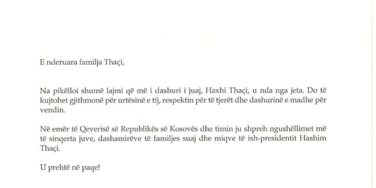Kryeministri Kurti telegram ngushllimi familjes Thaçi.