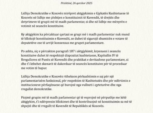 LDK mirëpret vendimin e Gjykatës Kushtetuese: Grupi më i madh parlamentar nuk mund të bllokojë konstituimin e Kuvendit