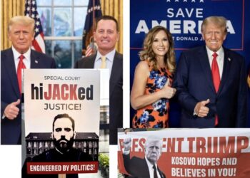 “Trump, Kosova beson në ty”, Grenell dhe ndihmës sekretarja amerikane në Departamentin e Punës, shpërndajnë pankartat e protestës