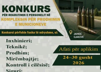 Ministria e Mbrojtjes hap konkurs për rekrutimin e stafit në Kompleksin e Prodhimit të Municioneve në Gjakovë
