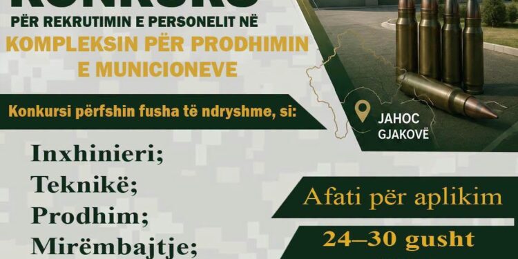 Ministria e Mbrojtjes hap konkurs për rekrutimin e stafit në Kompleksin e Prodhimit të Municioneve në Gjakovë